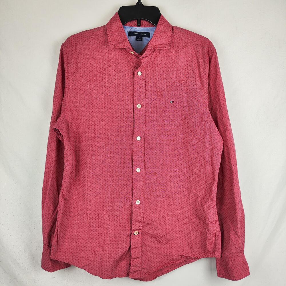 Tommy Hilfiger Shirt Mens Medium Red Geometric Button Up Long Sleeve Cotton